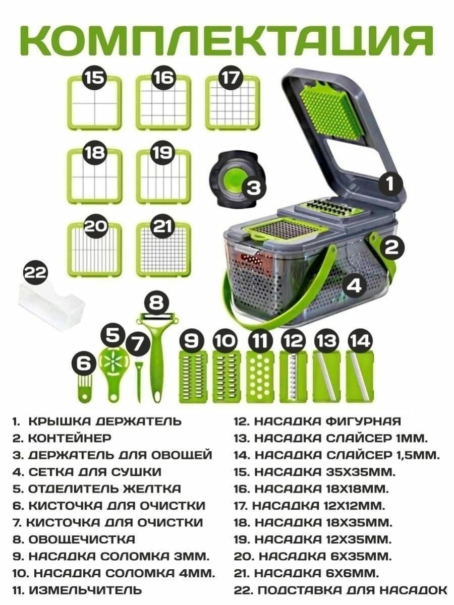 Многофункциональная ручная овощерезка "Найсер дайсер" / Мультитерка с резкой кубиками 22 предмета в 1 — фото 1