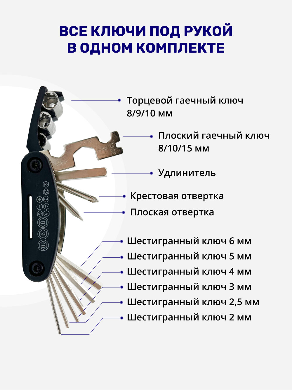 Мультитул для велосипеда 16 в 1 с набором инструментов для ремонта шин и камер — фото 1