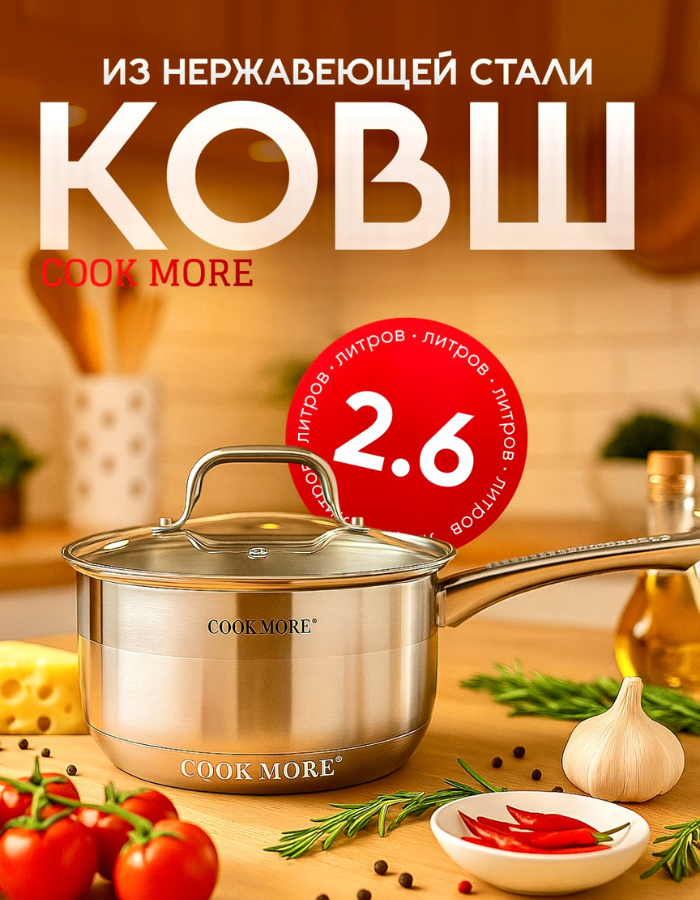 Ковш 2,6 л Cook More, нержавейка, с крышкой, подходит для индукционной плиты
