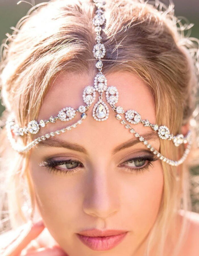 Тика на голову, тиара в кристаллах, диадема серебристая, в стиле бохо, в подарочной коробочке