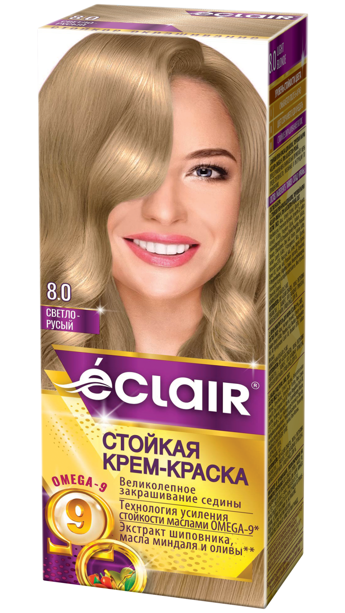 Крем-краска ECLAIR-Omega 8,0 "Светло-русый", с добавлением масел Омега-9, 100 мл,