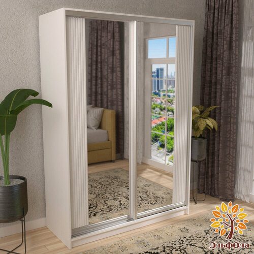 Изображение товара ЭльфОла Шкаф-купе "Вертикаль" 120х45х220 см, цвет белый/серебро/накладка белая, с зеркалом, для одежды, двухдверный