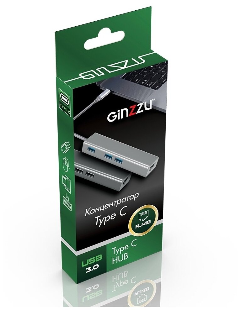 3-port Type-C Hub GiNZZU GR-762UB (1xUSB30 2xUSB20 LAN 10/100Mb/s)