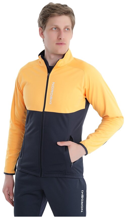 Куртка Nordski, средней длины, силуэт прилегающий, светоотражающие элементы, без капюшона, карманы, ветрозащитная, размер 50/L, оранжевый, синий