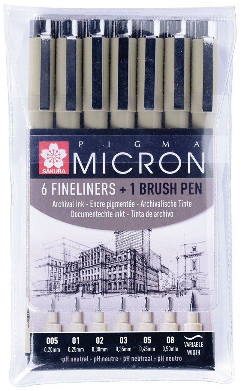 Набор капиллярных ручек Sakura Pigma Micron, 7 штук (0.2 мм, 0.25 мм, 0.3 мм, 0.35 мм, 0.45 мм,0.5 мм, + brush)