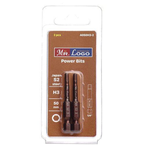 Бита магнитная H3 x 50 мм Mr. Logo, Сталь - S2, арт. A050H3-2, 2 шт.