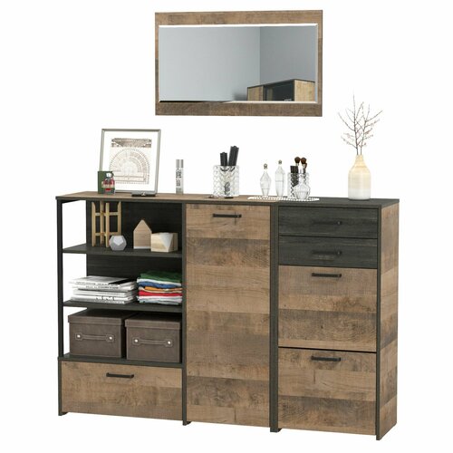 Тумба для обуви с зеркалом и широкий комод с нишами Трувор, цвет дуб гранж песочный/интра, ШхГхВ 159х37х195 см, универсальная сборка