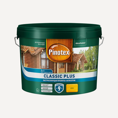 Изображение товара Пропитка-антисептик PINOTEX CLASSIC PLUS 3 в 1 быстросохнущая, сосна 9л