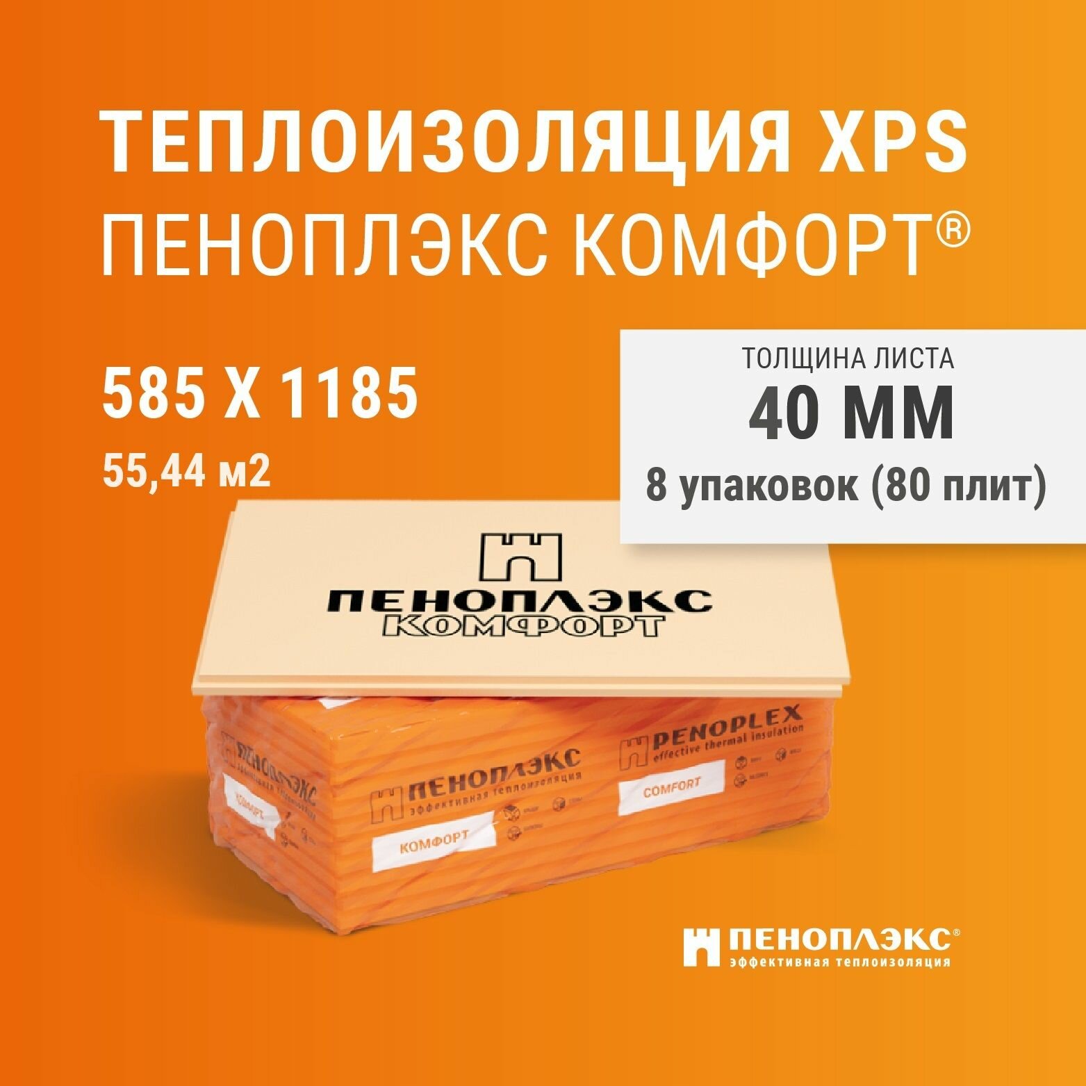 Пеноплэкс Комфорт 40 мм (80 плит/8 упаковок/55.44 м2), утеплитель для стен, крыши, пола, экструзионный пенополистирол