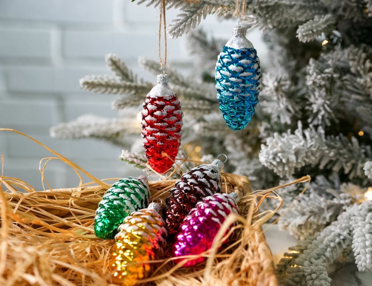 Набор стеклянных елочных шишек сосновый БОР, 8 см, 6 шт, Елочка С327