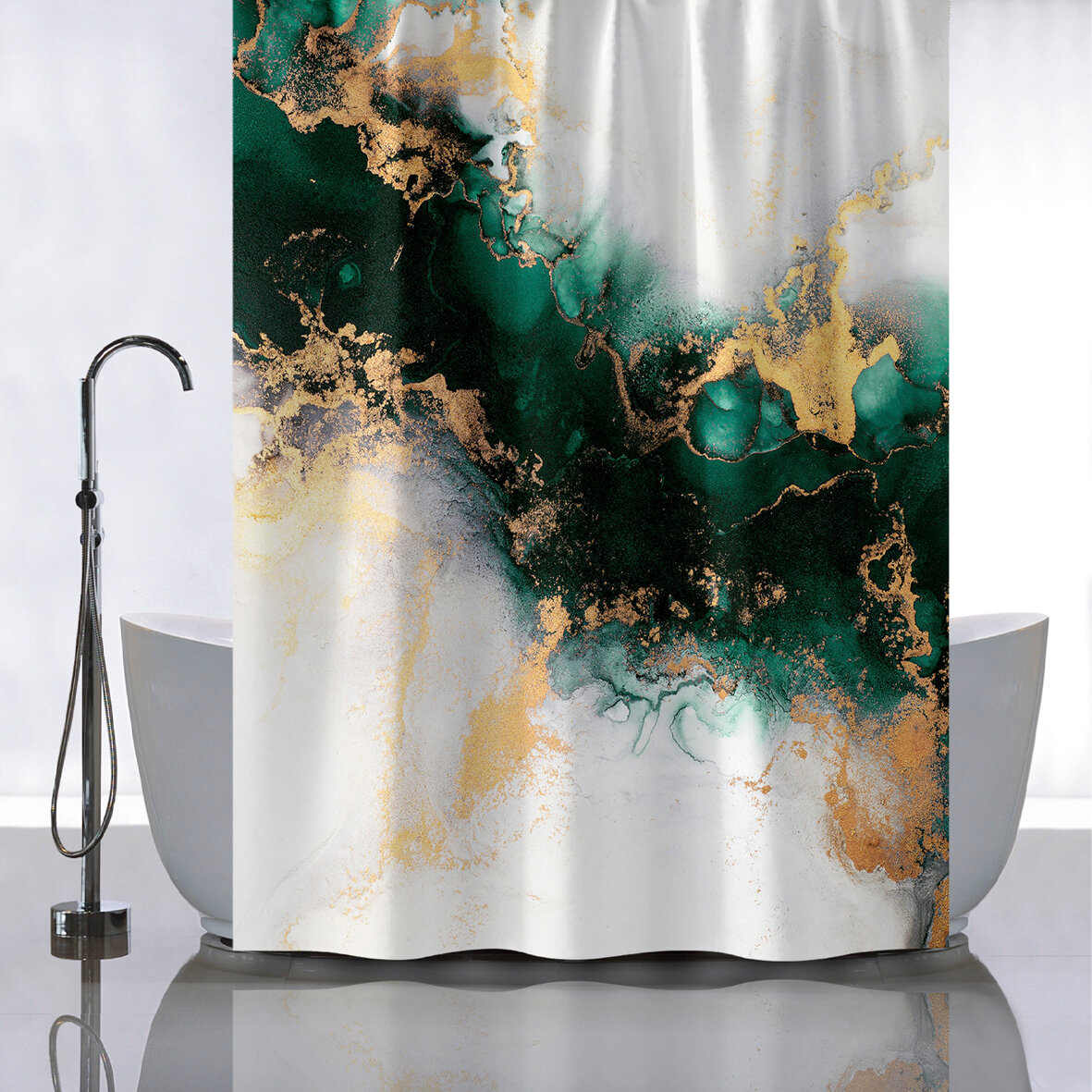 Штора с рисунком санакс 01-112 зеленый мрамор с золотом в ванную комнату без колец - полиэстэр 180 х 180 см