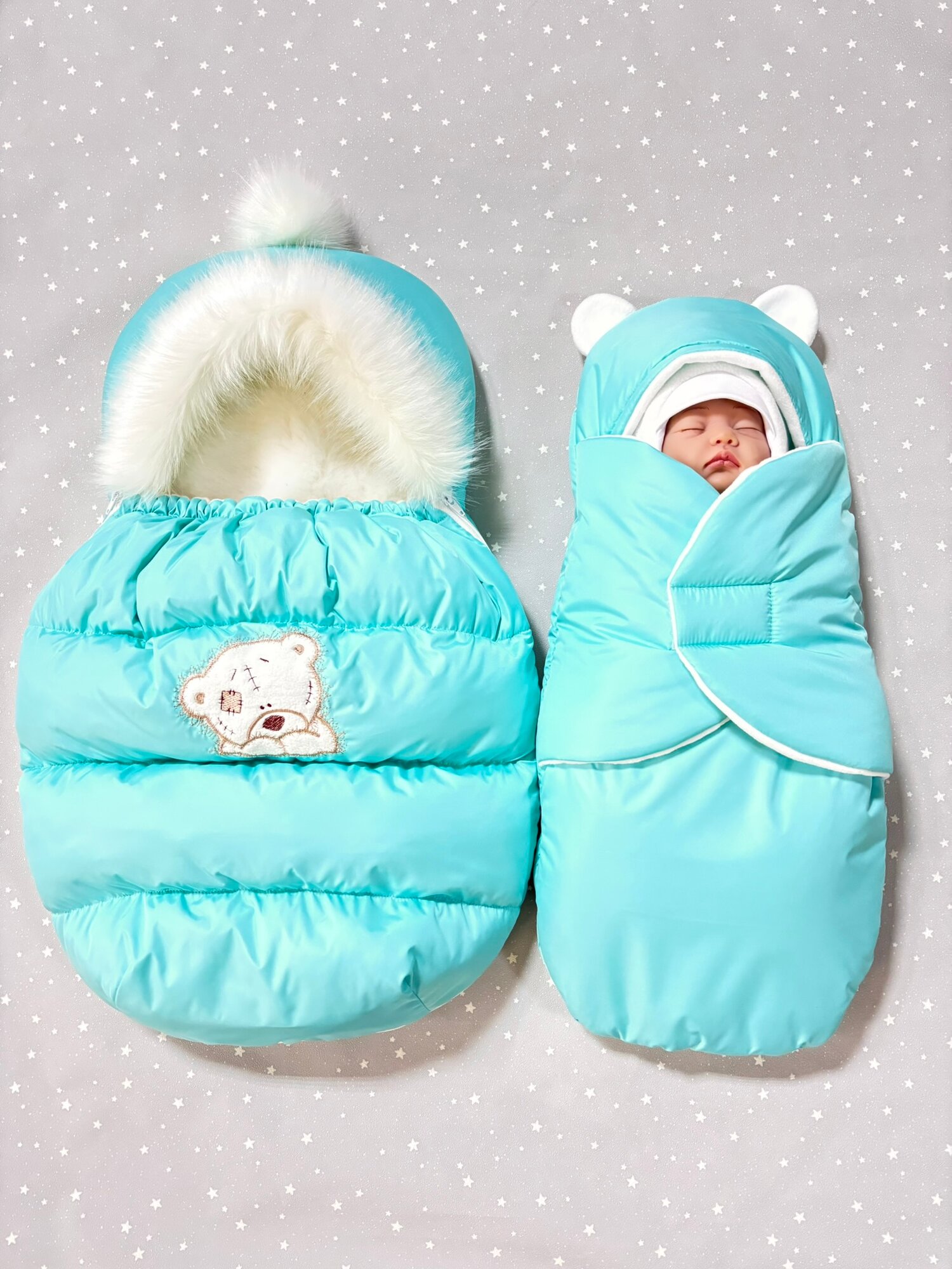 Конверт на выписку ALMeretskaya "Малышок", зима, полиэстер, шерсть, 0-6 месяцев, мятный