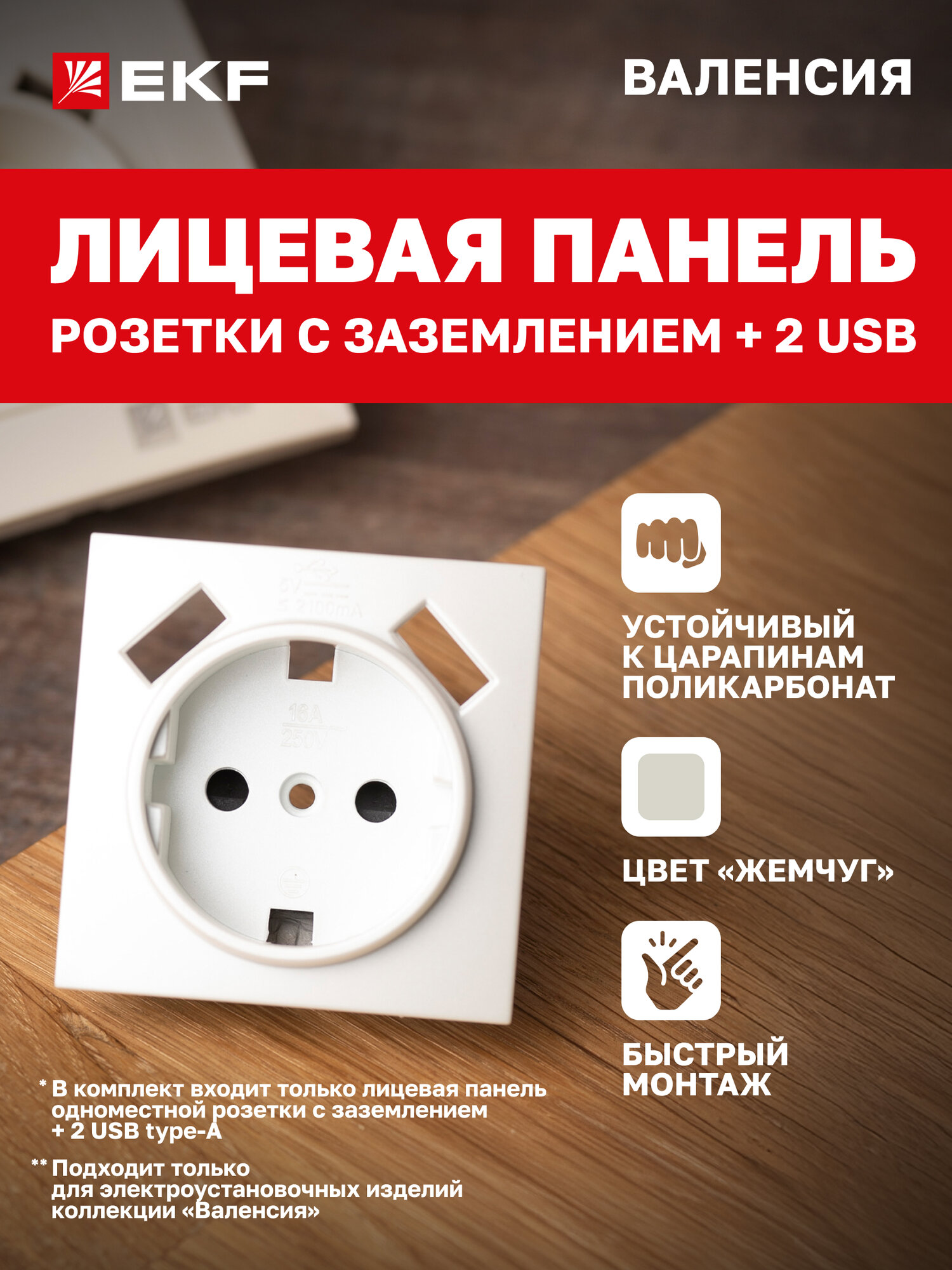Лицевая панель розетки EKF PROxima 1-местной с заземлением 16А 2 USB* 21А коллекции Валенсия