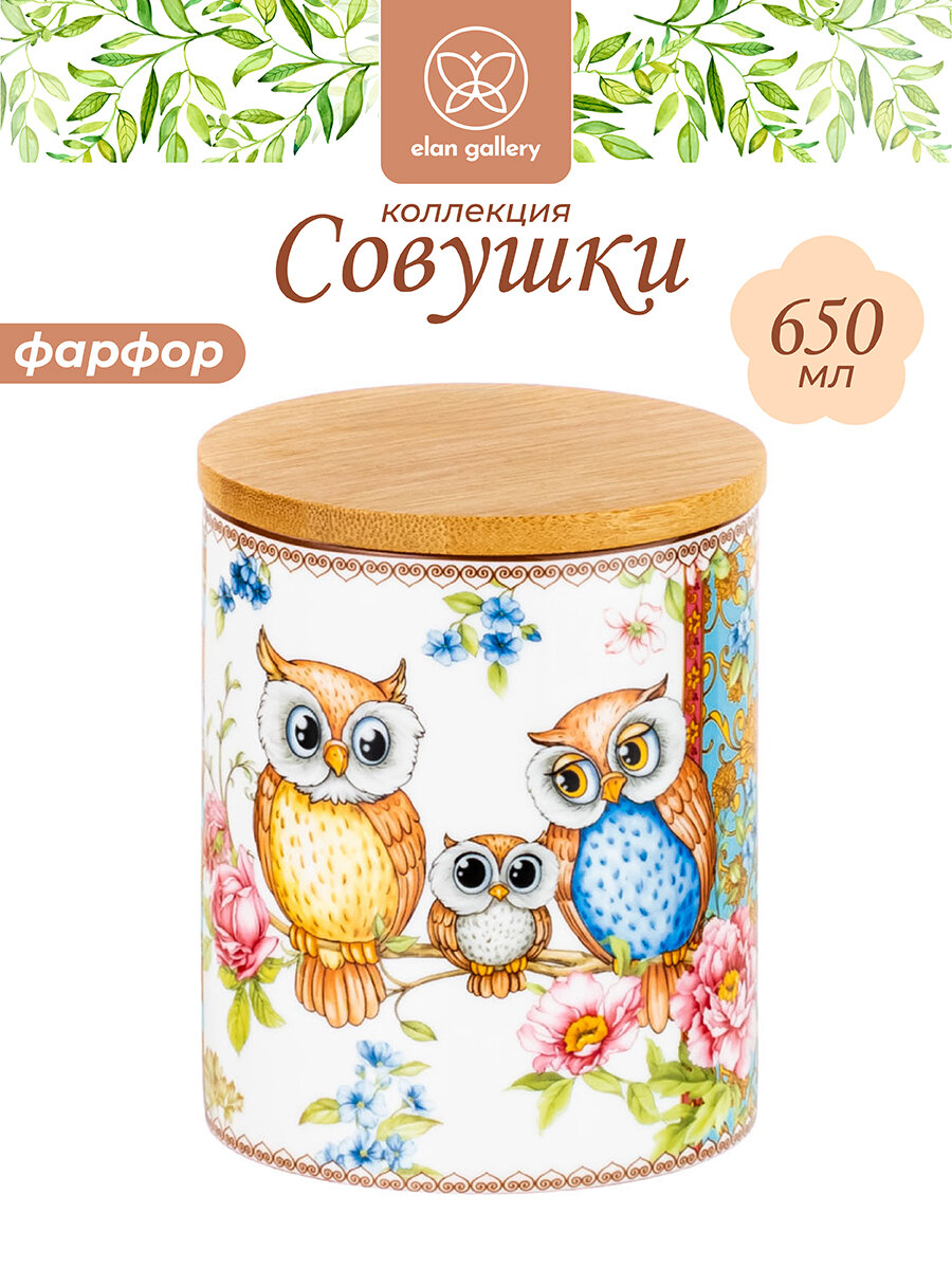 Банка для хранения сыпучих продуктов соли специй 650 мл Elan Gallery Совушки с крышкой с силиконовым уплотнителем