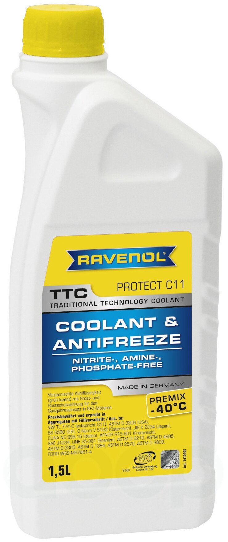 фото Антифриз Желтый Готовый К Прим Ravenol Ttc Traditional Technology Coolant Premix 1,5 Л G12+ Ravenol арт. 4014835755314