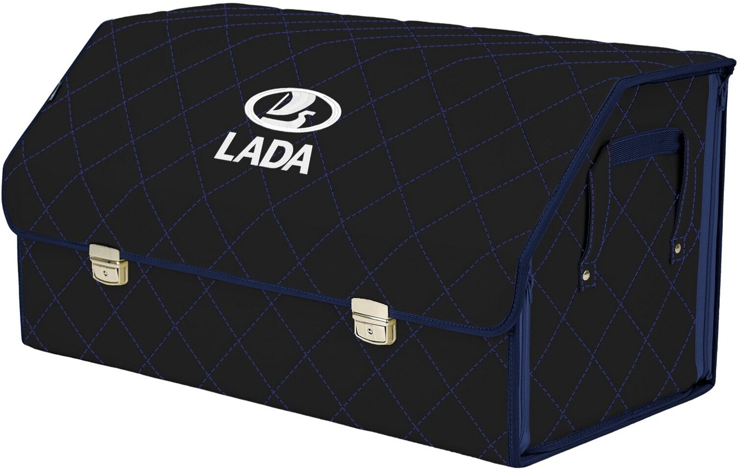 Органайзер-саквояж в багажник "Союз Премиум" (размер XL Plus). Цвет: черный с синей прострочкой Ромб и вышивкой LADA (лада).