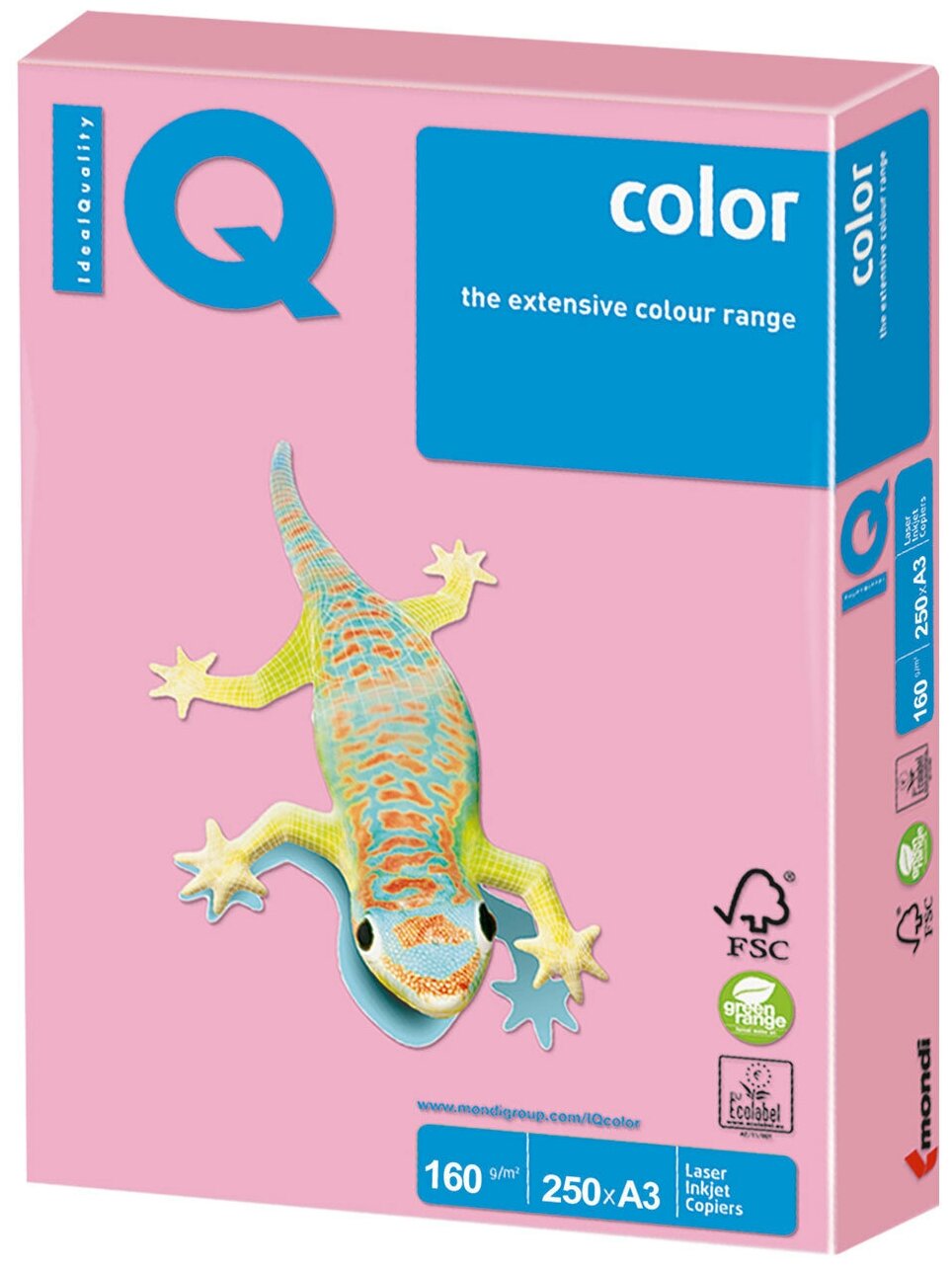 Бумага цветная IQ color большой формат (297х420 мм), А3, 160 г/м2, 250 л., пастель, розовая, PI25