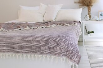 Покрывало на кровать, хлопковый плед, одеяло, 100 % хлопок, 200*220 см, белый фиолетовый ромб и зигзаг