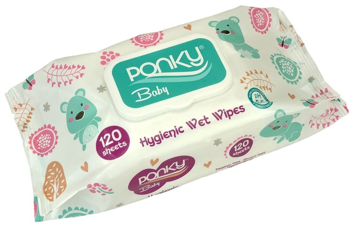 Влажные салфетки PONKY BABY HYGIENIC (120 шт), без парабенов, без спирта, гиппоаллергенные