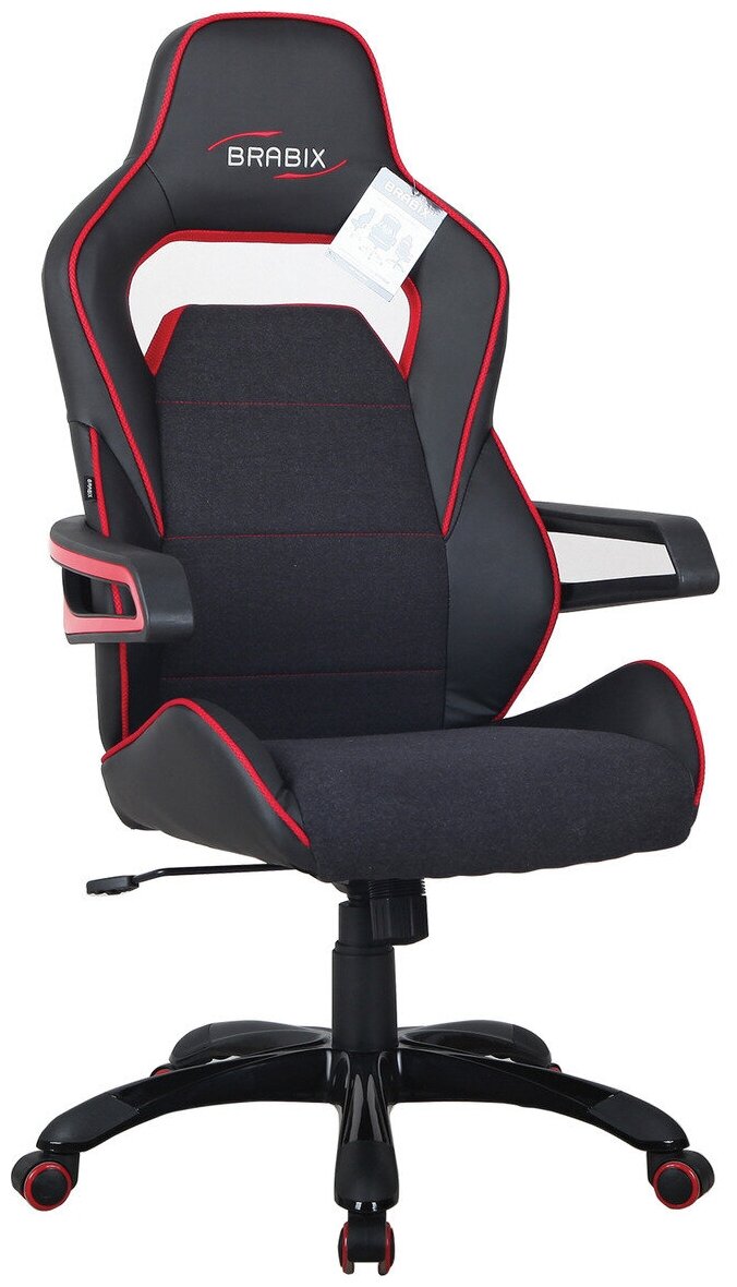 Кресло геймерское BRABIX "Nitro GM-001", ткань, экокожа, черное, вставки красные