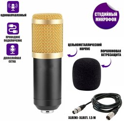 Микрофон BM-800 конденсаторный, черно-золотой, с ветрозащитой и кабелем XLR (M) - XLR (F), 1.5 м