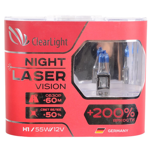 фото Лампа автомобильная галогенная clearlight night laser vision +200% mlh1nlv200 h1 12v 55w 2 шт.