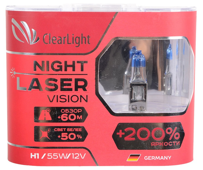 Лампа автомобильная галогенная ClearLight Night Laser Vision +200% MLH1NLV200 H1 12V 55W P145s