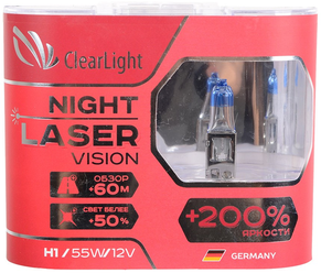 Лампа автомобильная галогенная ClearLight Night Laser Vision +200% MLH1NLV200 H1 12V 55W 2 шт.