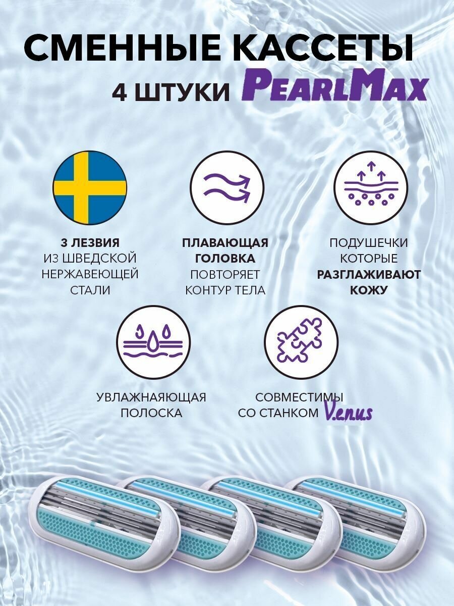 Сменные кассеты для бритвы PearlMax совместимы с Gillette Venus 3 лезвия произведены в Швеции 4 штуки