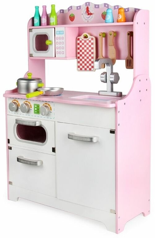 Детская кухня из дерева с посудой розовая