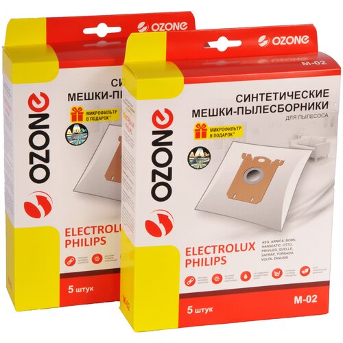 Мешки пылесборники Ozone M-02/2 для пылесоса ELECTROLUX, AEG, PHILIPS, ZANUSSI, BORK, 2 упаковки по 5 шт. мешки пылесборники для пылесоса electrolux 5 шт