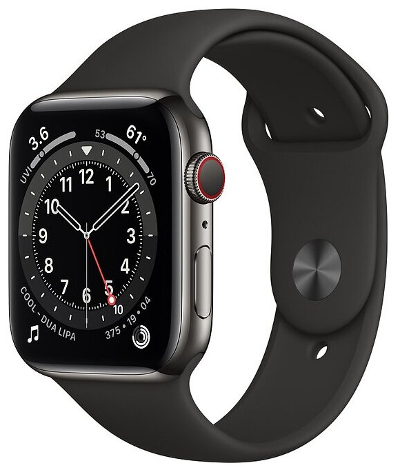 Умные часы Apple Watch Series 6 GPS + Cellular, 44mm Graphite Stainless Steel Case with Black Sport Band