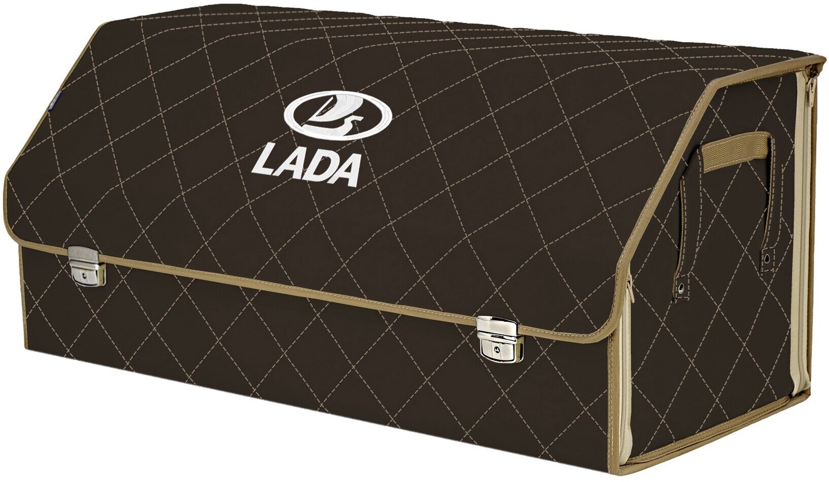 Органайзер-саквояж в багажник "Союз Премиум" (размер XXL). Цвет: коричневый с бежевой прострочкой Ромб и вышивкой LADA (лада).