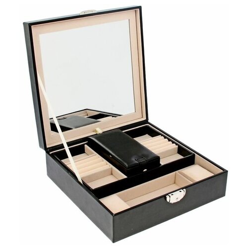 фото Шкатулка кожзам под часы 2 отделения и бижутерию "ромбы черные" матовая 8,5х25х25 см нет бренда