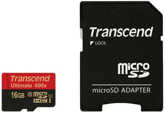 Карта памяти Transcend TS*USDHC10U1 16 GB, чтение: 90 MB/s, запись: 45 MB/s, адаптер на SD