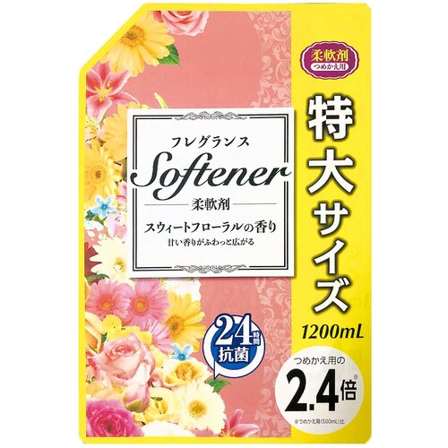 Nihon Detergent Кондиционер для белья Softener floral с нежным цветочным ароматом и антибактериальным эффектом 1200 мл (мягкая упаковка с крышкой)
