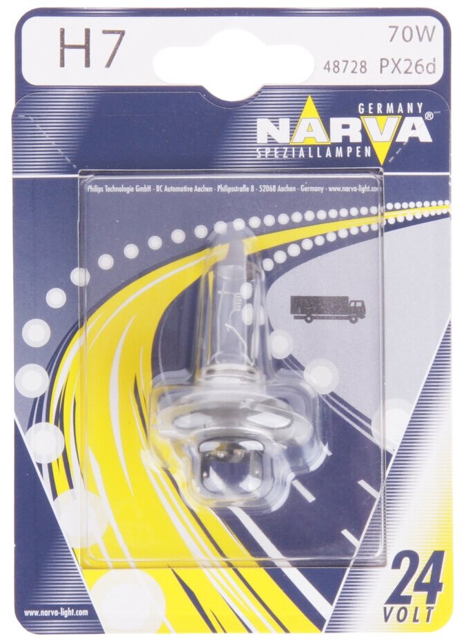 Лампа автомобильная галогенная Narva 48728 H7 24V 70W PX26d 1 шт.