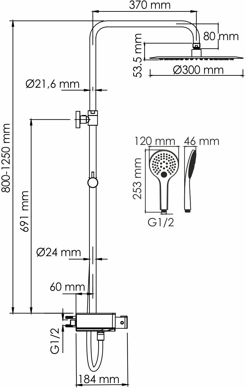 Душевая система для ванны WasserKRAFT (A113.116.155. CH Thermo) с термостатом