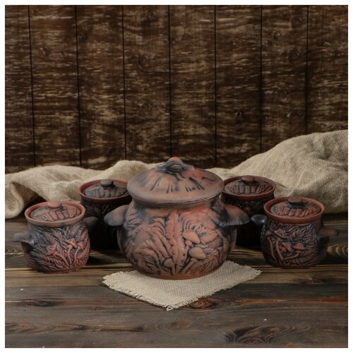 фото Набор для запекания "гриб" супник 3 л и 4 горшки 0,6 л 4335220 красная глина