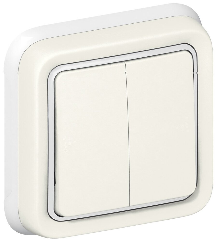 фото Переключатель проходной двухклавишный 10A, IP55, Белый в сборе с рамкой Plexo. Legrand 069855