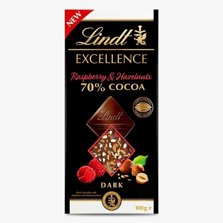 Темный шоколад Lindt EXCELLENCE 70% Cocoa Raspberry & Hazelnuts, Малина и Фундук 100 г (Из Финляндии)