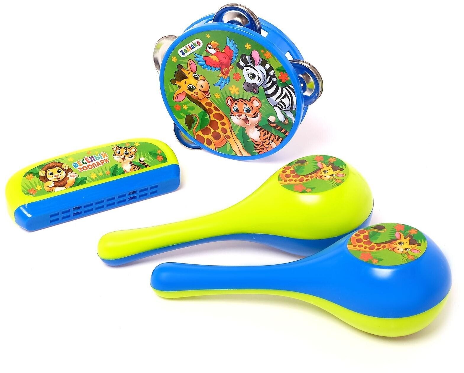 Набор музыкальных инструментов "Весёлый зоопарк", 4 предмета: бубен, 2 маракаса, губная гармошка, цвет микс