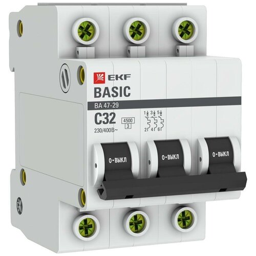 Автоматический выключатель EKF ВА 47-29 Basic 3P 32А характеристика C