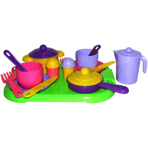 фото Набор посуды полесье "хозяюшка" с подносом на 2 персоны 4053 фиолетовый/желтый/розовый/голубой/оранжевый