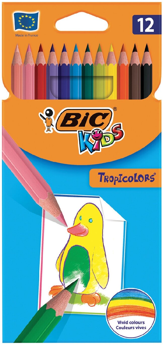 Карандаши цветные BIC "Tropicolors", 12 цветов, пластиковые, заточенные, европодвес, 8325666