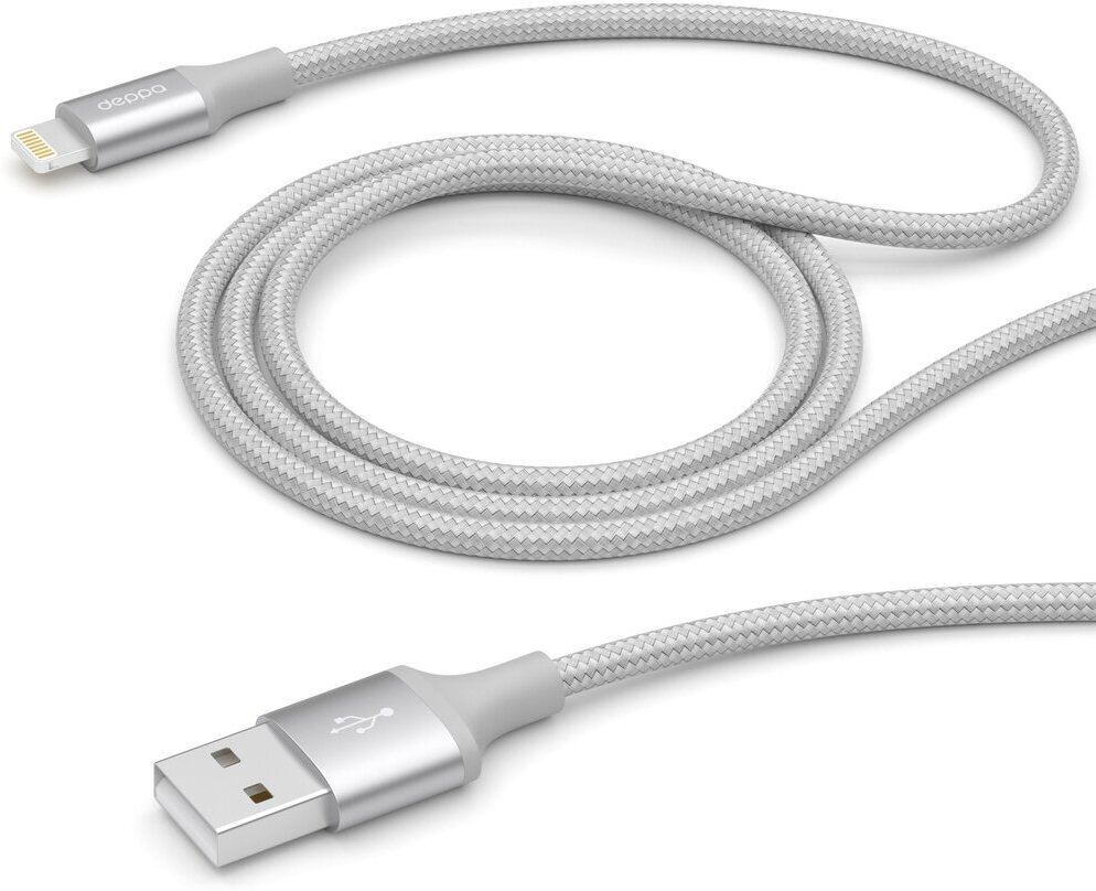 Дата-кабель USB - 8-pin для Apple, алюминий/нейлон, MFI, 1.2м, серебро, Deppa 72187