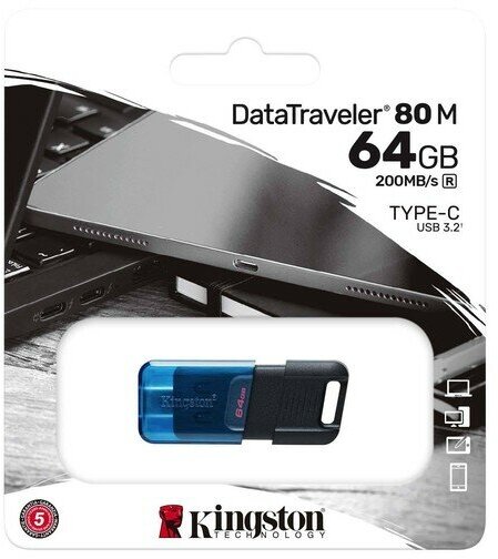 Накопитель USB 3.2/Type-C 64Гб Kingston DataTraveler 80 M, черный