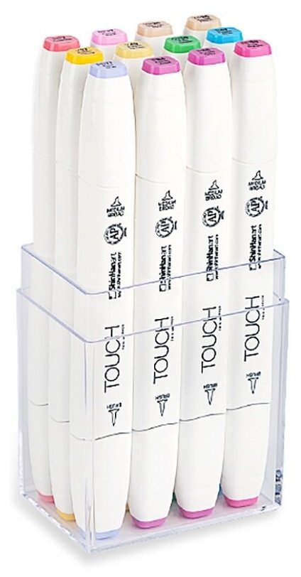 Набор двухсторонних маркеров на спиртовой основе TOUCH TWIN brush 12 штук (пастельные цвета) в пластиковой упаковке