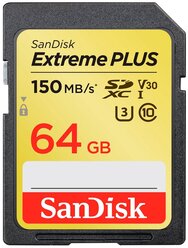Карта памяти SanDisk Extreme PLUS SDXC Class 10 UHS Class 3 V30 150MB/s 64 GB, чтение: 150 MB/s