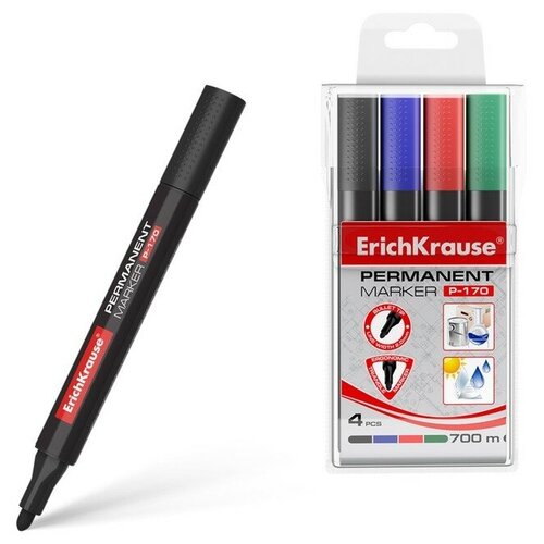 ErichKrause Набор маркеров перманентных ErichKrause P-170, 4 штуки, 2.0 мм, чернила на спиртовой основе, чёрный, синий, красный, зелёный